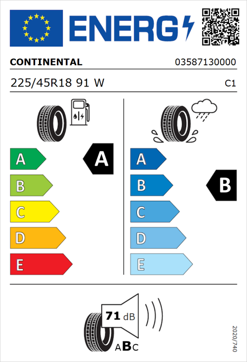 Tyre Label for Continental EcoContact 6 225/45R18 91W