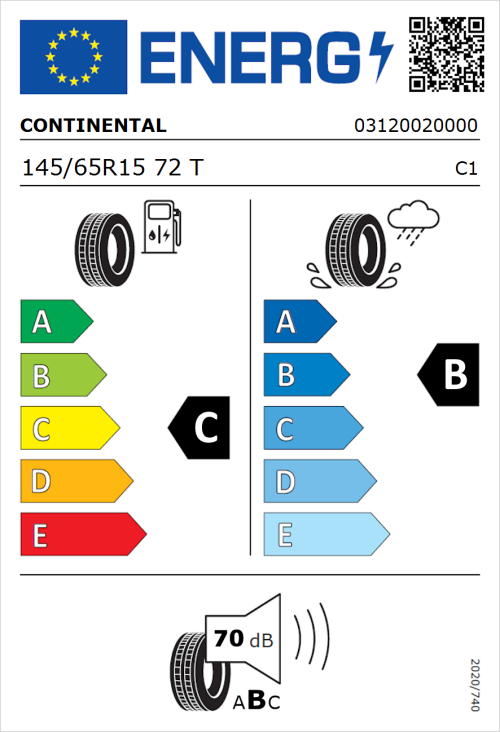 Tyre Label for Continental EcoContact 6 145/65R15 72T