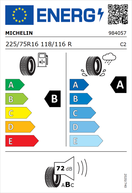 Tyre Label for Michelin Agilis 3 225/75R16 118/116R