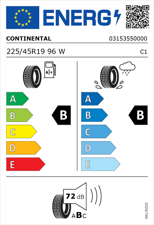 Tyre Label for Continental EcoContact 6 225/45R19 96W